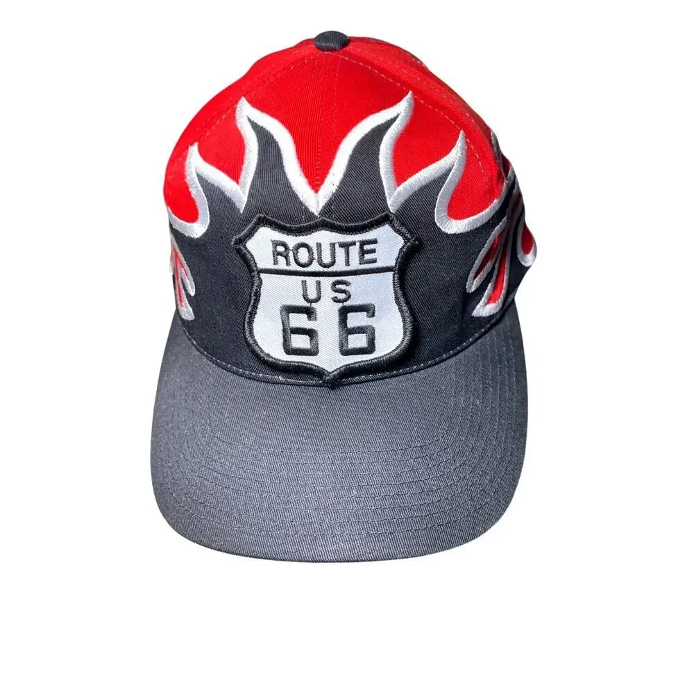 Vintage Route 66 Flame Snapback Hat Red Black Embroidered Biker Cap